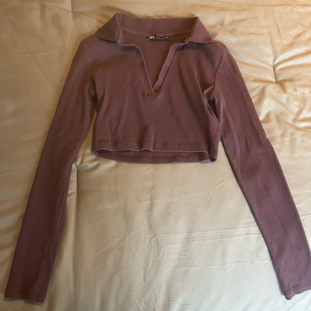 Long Sleeve Ribbed Zara Crop Top, Brown, S